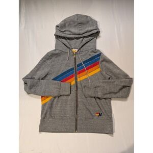 Aviator Nation Women's Small Gray Rainbow Striped Full Zip Hoodie Jacket